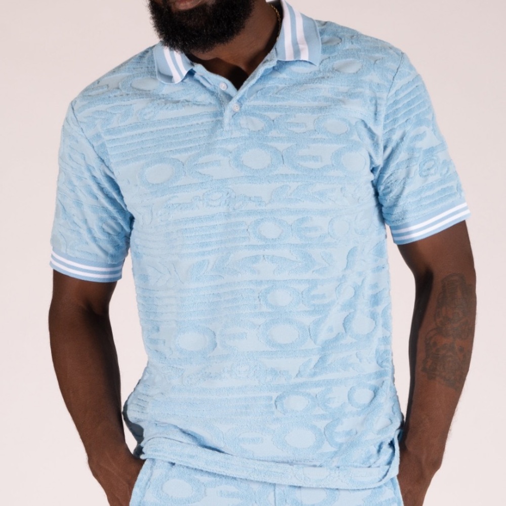 Frost Originals Men’s Baroque Terry Cloth Polo Short Sleeve Shirt Light Blue